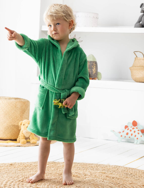 Badjas voor kinderen, dinosaurus, met kap, streelzachte microvezel (groen)