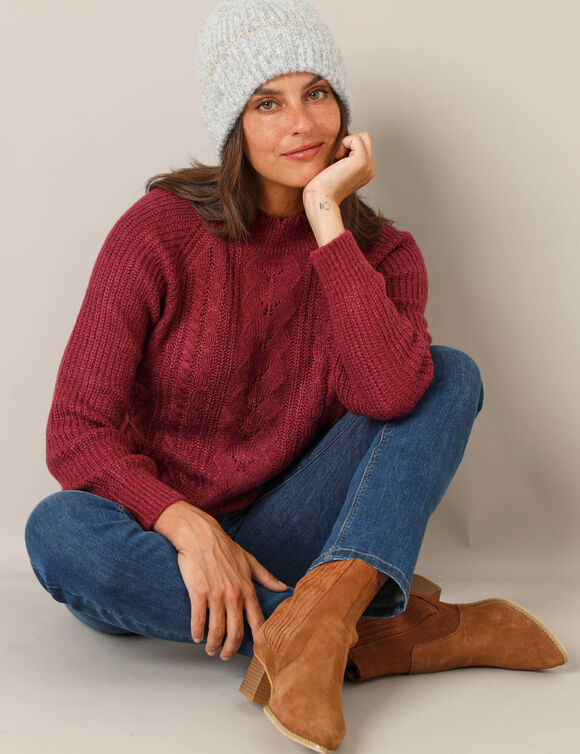 Pull col montant, maille anglaise toucher doux (prune)