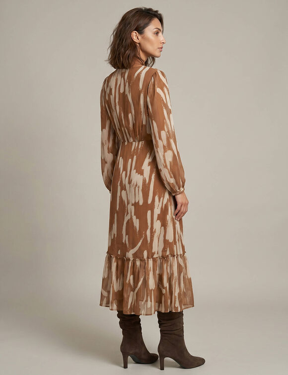 Robe longue volant&eacute;e, voile textur&eacute; imprim&eacute; abstrait (havane)