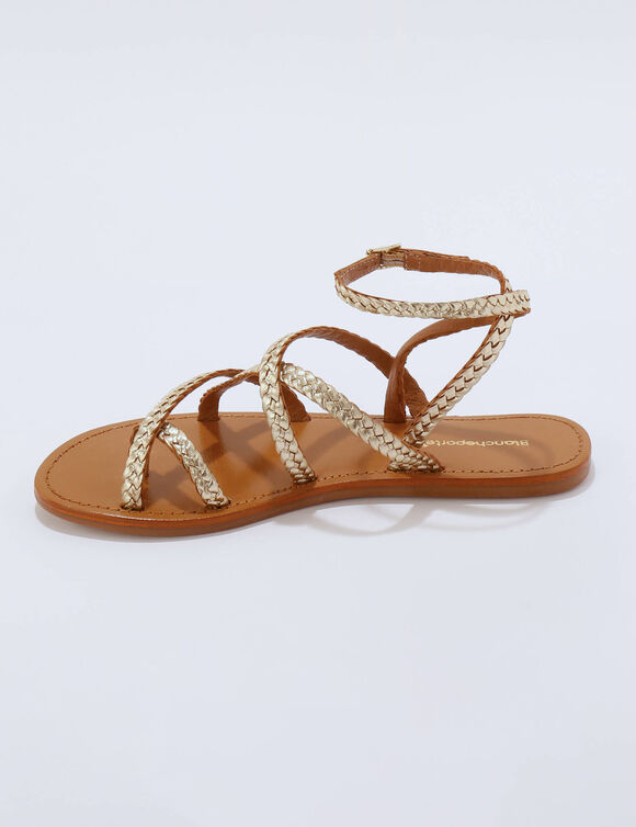 Platte leren sandalen met gevlochten riempjes (goudkleurig)