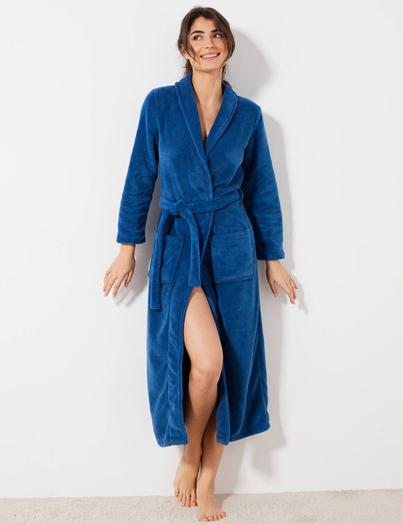 Peignoir in fleece met pluchetouch - 130 cm lang, lange mouwen (blauw)