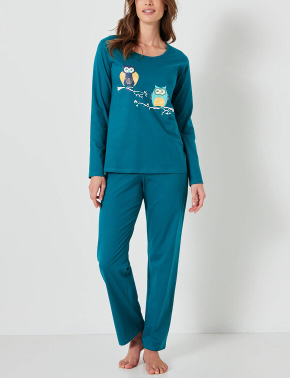 Pyjama van katoen met uilenprint en lange mouwen (dennengroen)