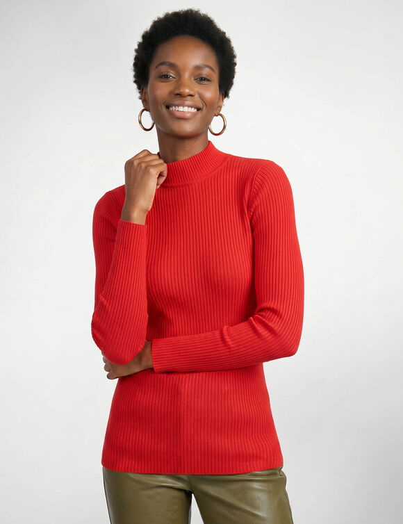 Pull col montant long, maille c&ocirc;tel&eacute;e (rouge)