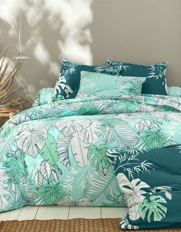 Linge de lit Mahao en coton à motifs feuilles de palmes, vert, hi-res