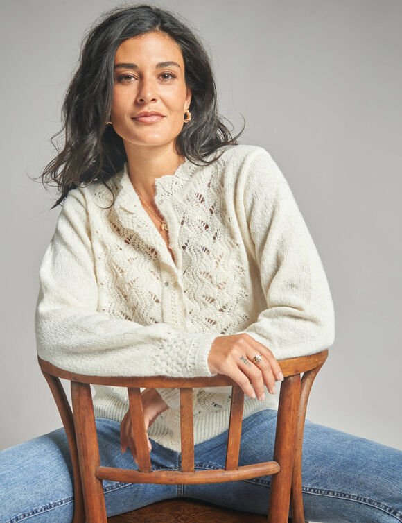 Gilet boutonné col montant, maille fantaisie  (ivoire)