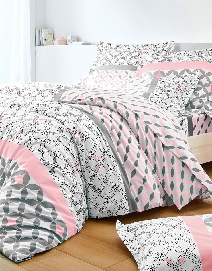 Bedlinnen Marlox in katoen met geometrische motieven (grijs / roze)