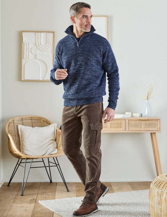 Trui met vrachtwagenchauffeurskraag, Engelse rib, 30% wol (gespikkeld blauw)