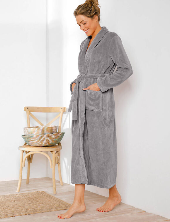 Peignoir polaire toucher peluche manches longues, longueur 130 cm  (gris)