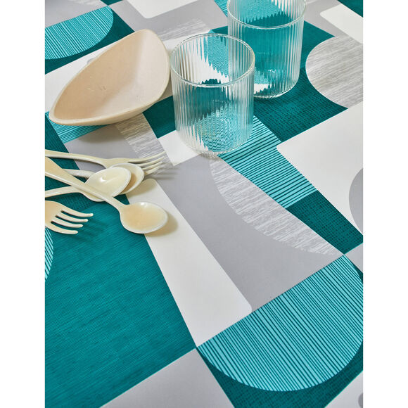 Tafellaken in toile cir&eacute;e met duo patchwork print (grijs / blauw)