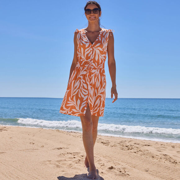 Robe de plage courte, cr&eacute;pon imprim&eacute; (abricot)