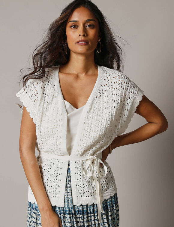 Gilet crochet en coton, manches courtes (ecru)