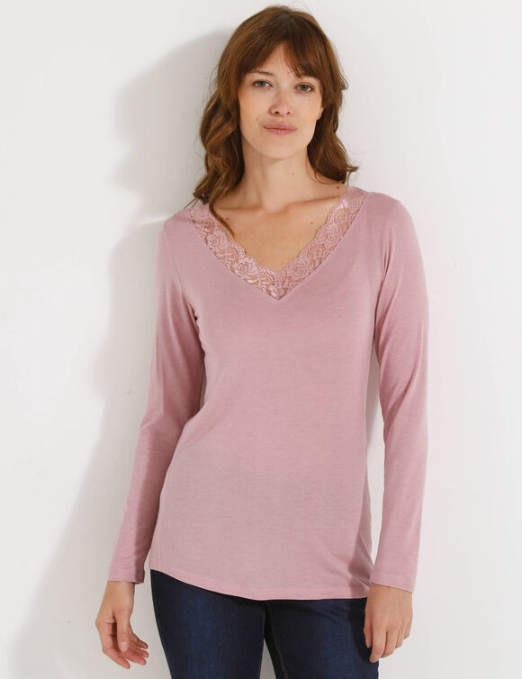 T-shirt chaleur manches longues en laine mélangée (rose grisé)