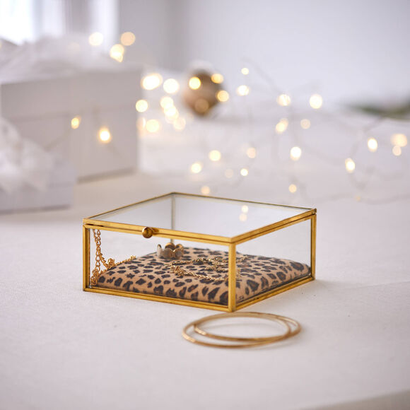 Boîte à bijoux verre et métal, avec coussin léopard (doré)