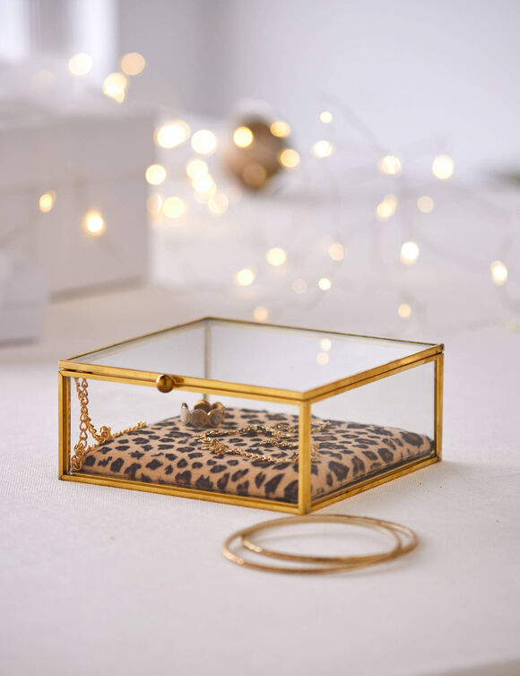 Boîte à bijoux verre et métal, avec coussin léopard (doré)