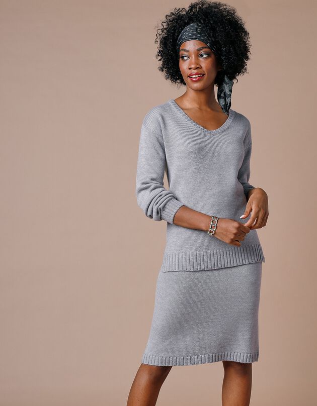 Jupe droite en tricot unie - toucher cachemire (gris chiné)