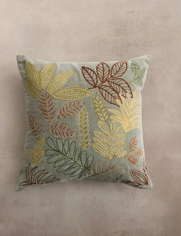 Coussin carr&eacute; velours brod&eacute; "feuilles" (vert)