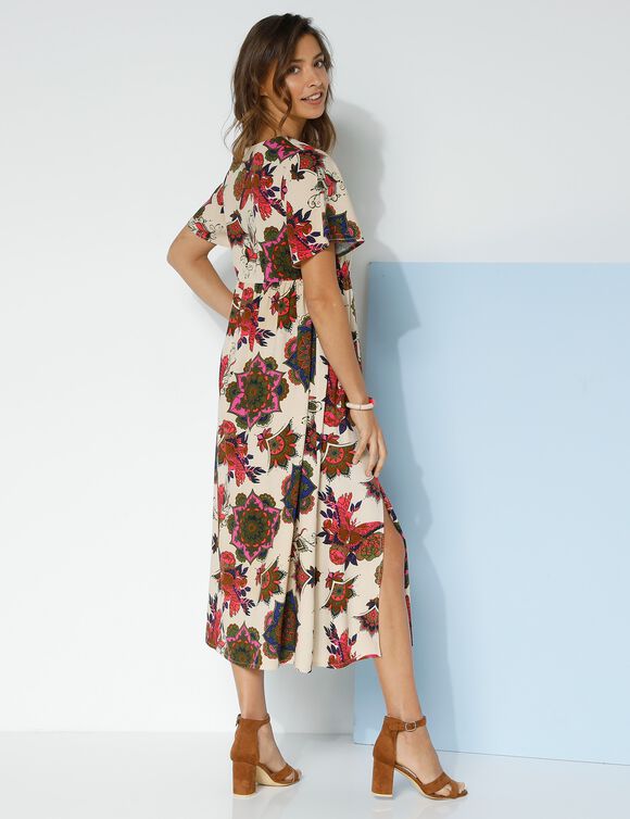 Robe longue imprimée manches "papillon" (beige / kaki)
