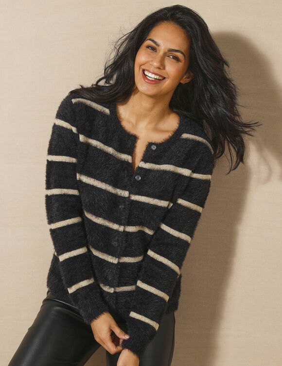 Cardigan rayures dor&eacute;es, maille poilue (noir / dor&eacute;)