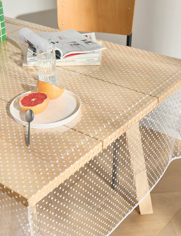 Tafellaken in doorzichtige toile cir&eacute;e met witte stippenprint (transparant / wit)