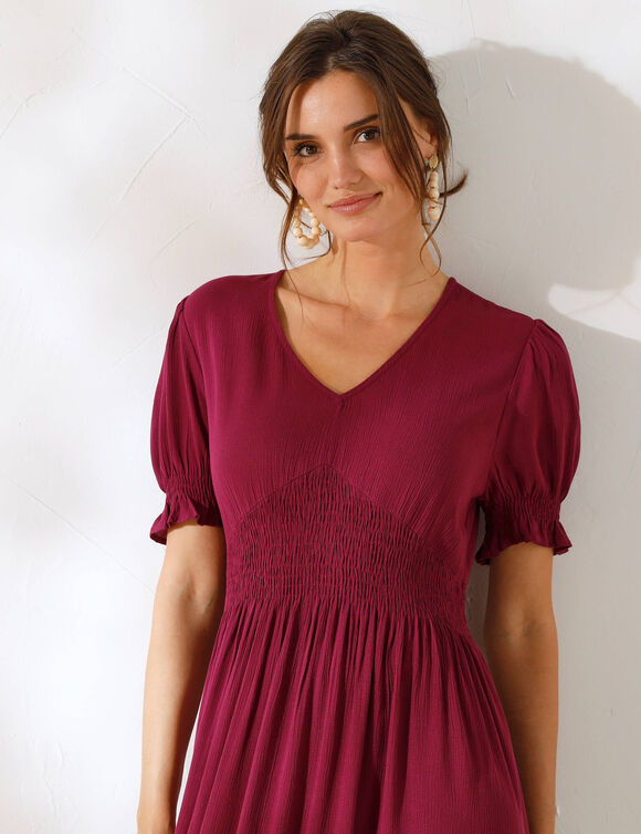 Robe longue col V unie, crépon (violet)