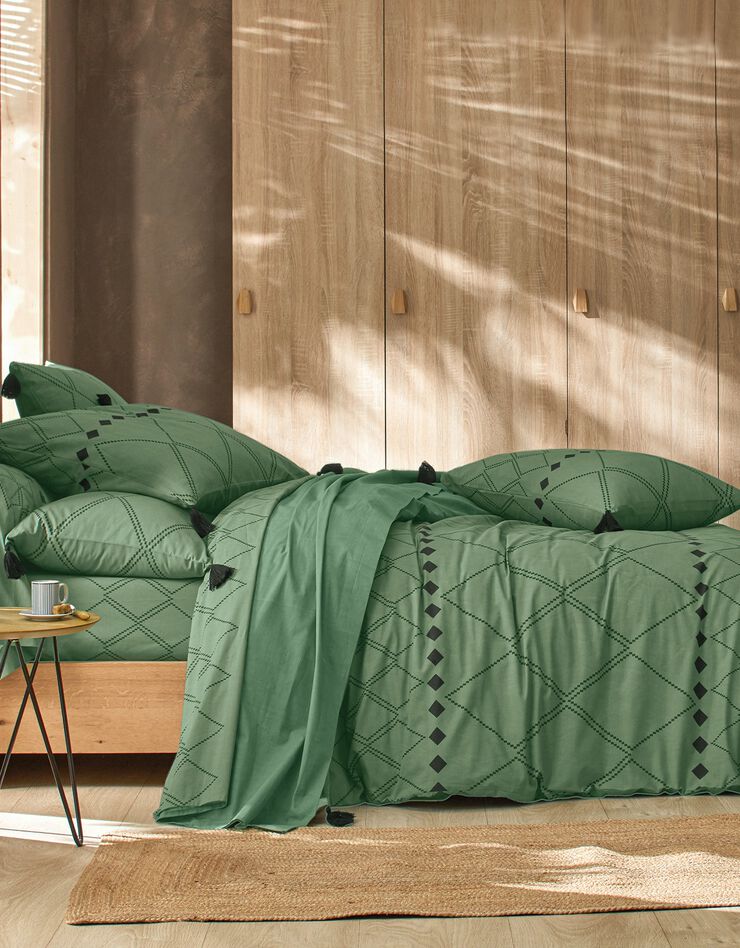 Linge de lit Massai coton à motifs graphiques et finitions pompons, vert Linge de lit Massai coton à motifs graphiques et finitions pompons, vert, hi-res image number 0