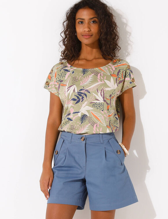 T-shirt col rond imprim&eacute; tropical (kaki / rose)