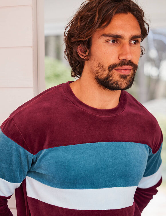 Pyjama tricolore velours manches longues (bordeaux)