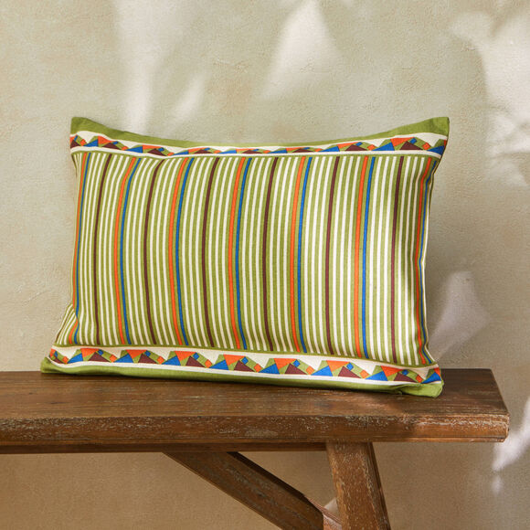 Coussin rectangulaire rayé (naturel / orange / vert)