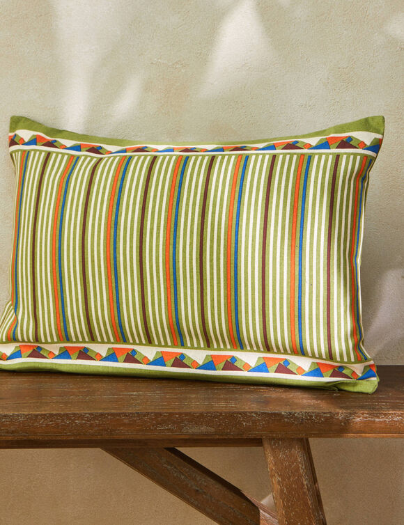 Coussin rectangulaire rayé (naturel / orange / vert)