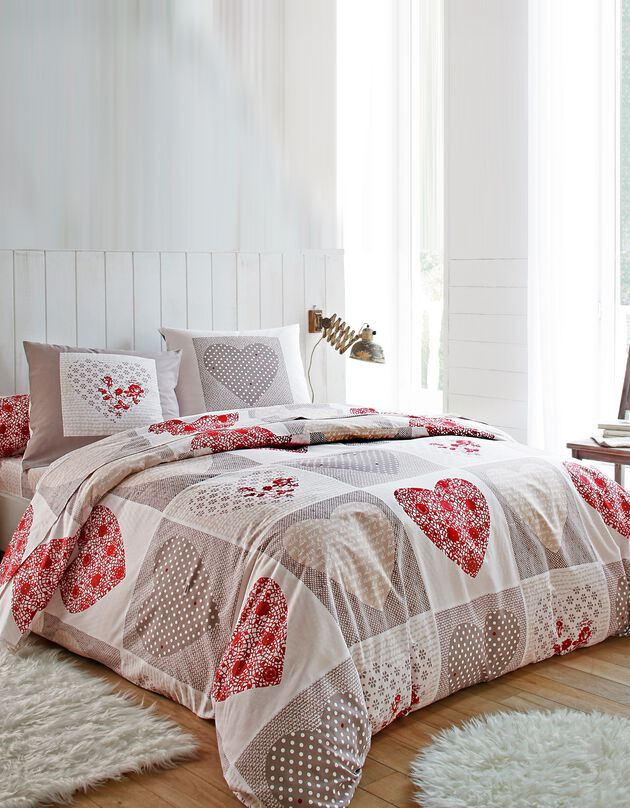 Bedlinnen Lovely in katoen met hartjesprint (taupe / rood)
