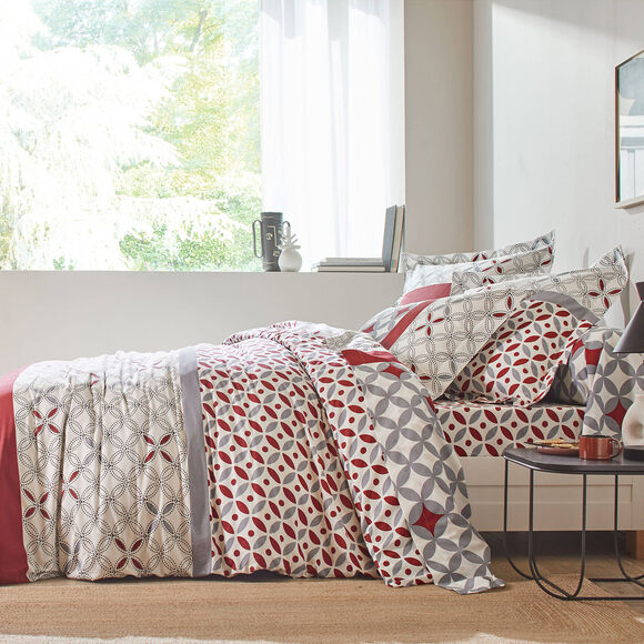 Linge de lit Marlow coton, imprimé géométrique (gris / rouge)