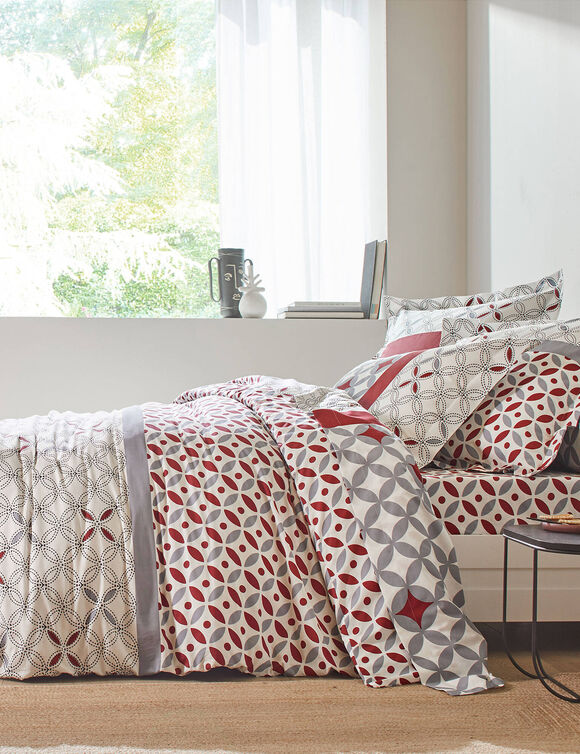 Linge de lit Marlow coton, imprimé géométrique (gris / rouge)
