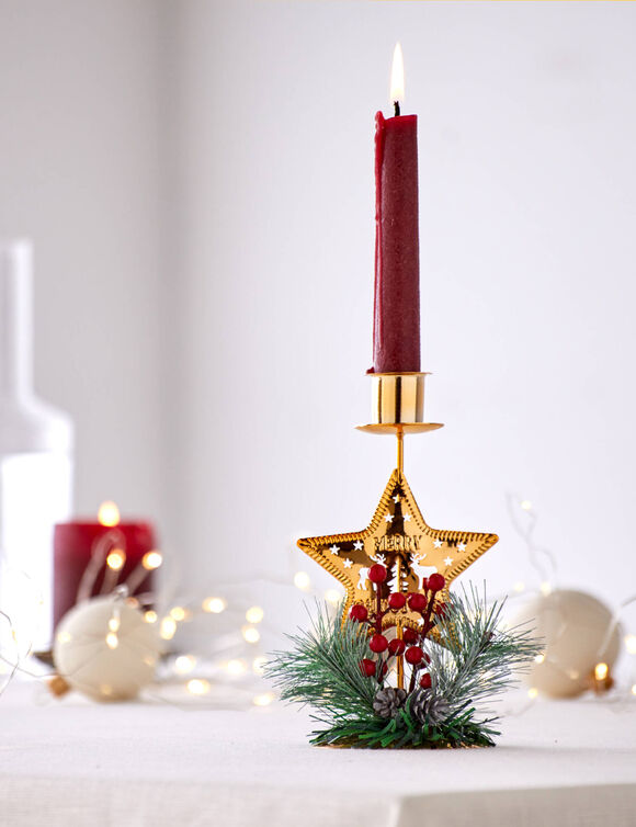 Stervormige kandelaar met dennentakken (groen/goudkleur)