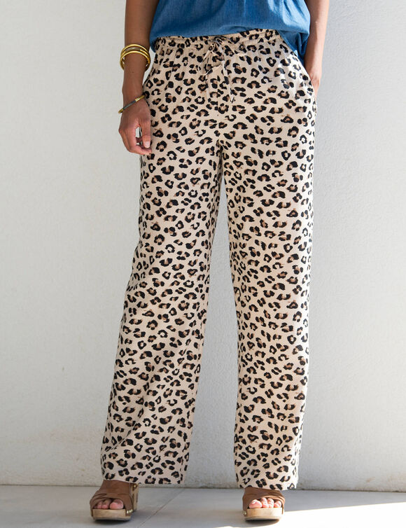 Pantalon fluide taille haute, imprimé léopard (beige / taupe)