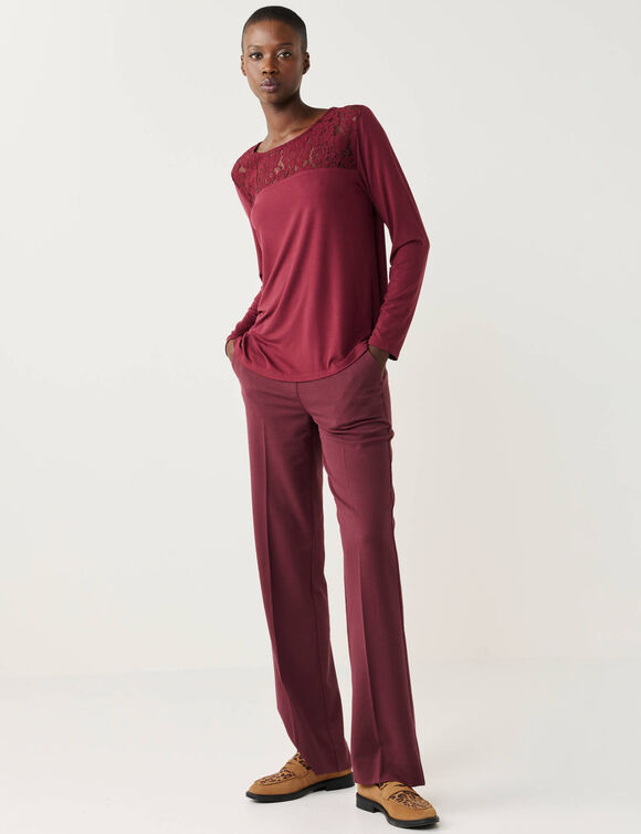 T-shirt col rond manches longues dentelle (bordeaux)