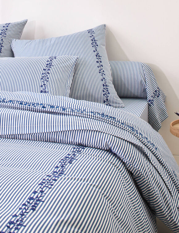 Linge de lit Faustine imprim&eacute; rayures et brod&eacute; - coton 57 fils/cm&sup2; (bleu)