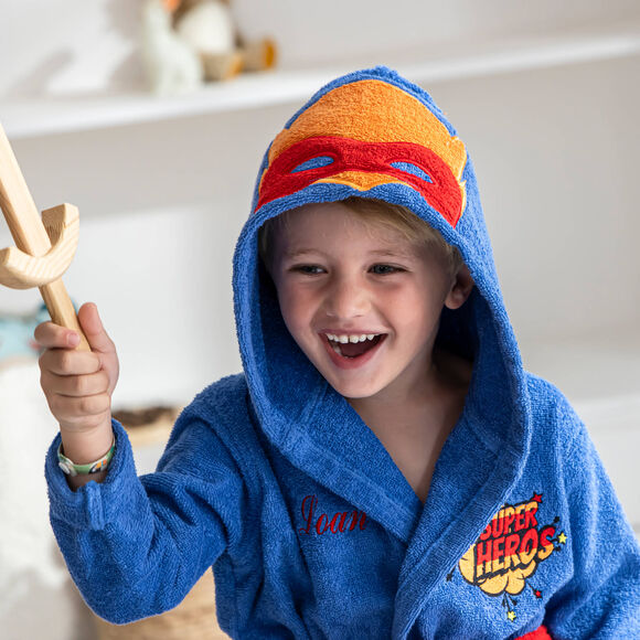 Personaliseerbare badjas voor kinderen met capuchon in stijl van een super held (felblauw)