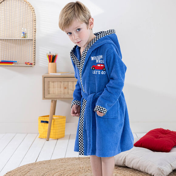 Peignoir de bain enfant à capuche voiture éponge coton - 340 g/m² (bleu dur)