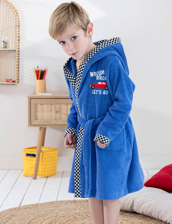 Peignoir de bain enfant à capuche voiture éponge coton - 340 g/m² (bleu dur)