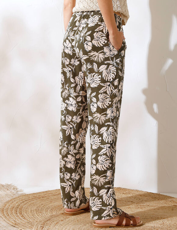 Pantalon large fluide, imprim&eacute; v&eacute;g&eacute;tal (kaki / &eacute;cru)