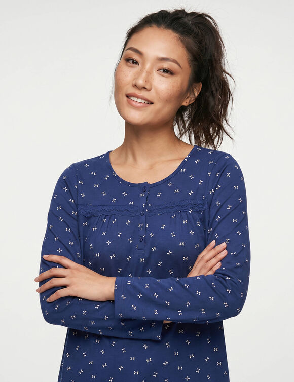 Chemise de nuit longue manches longues imprim&eacute; n&oelig;uds (marine)