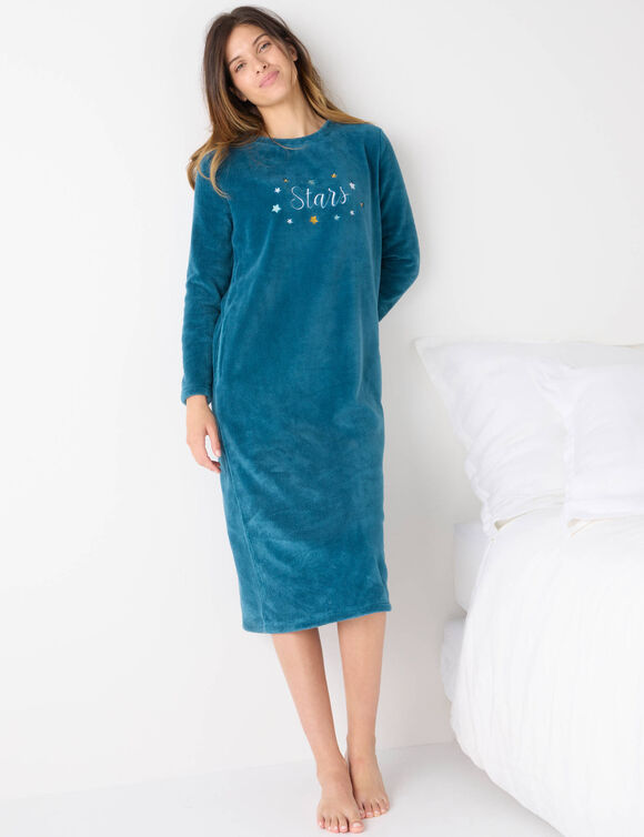 Chemise de nuit longue broderies &eacute;toiles, maille polaire (bleu canard)