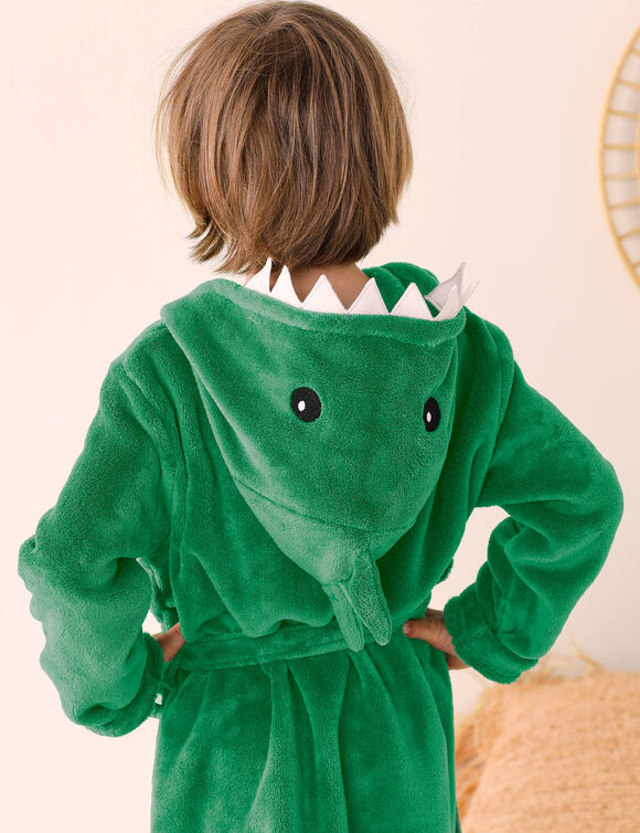 Peignoir de bain enfant &agrave; capuche personnalisable dinosaure microfibre (vert)