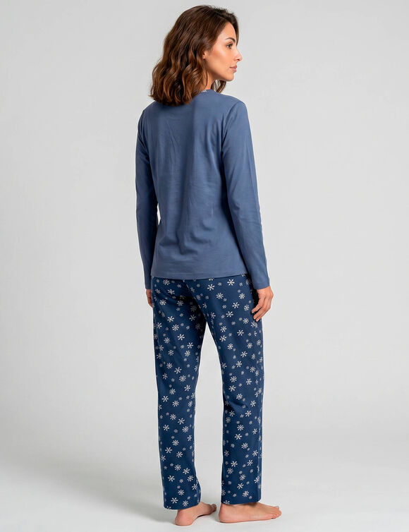 Pyjama pantalon imprim&eacute; flocons, jersey pur coton (bleu / &eacute;cru)