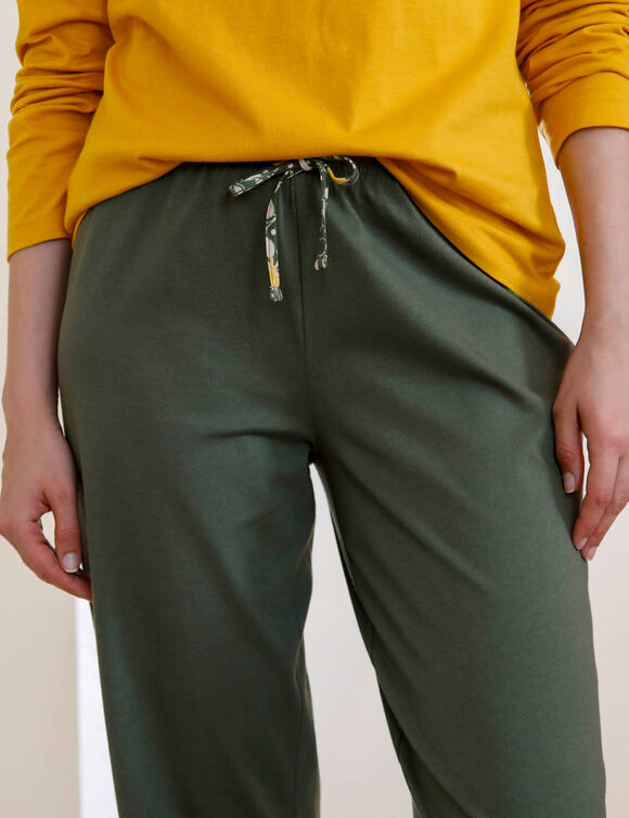 Pantalon pyjama coton uni avec noeud imprim&eacute; floral (kaki)