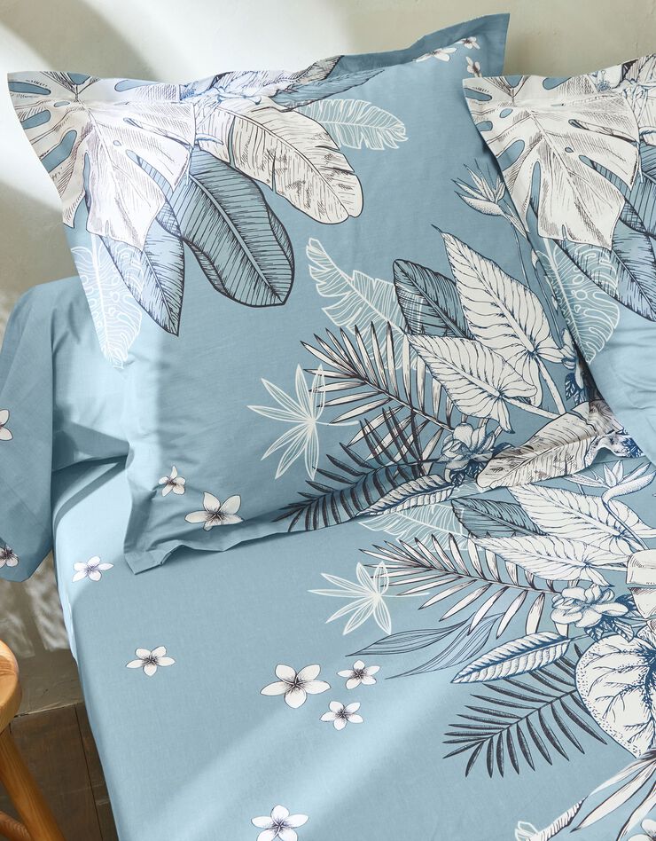 Linge de lit Elyse en coton imprimé fleurs et feuilles de palmes, bleu, hi-res image number 2