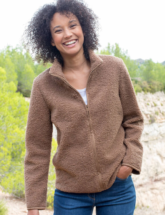 Veste zipp&eacute;e maille bouclette (noisette)