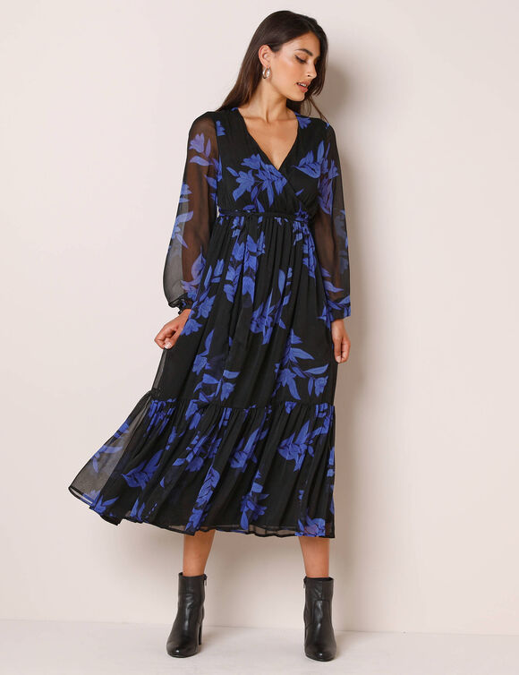 Robe longue volant, voile imprim&eacute; (noir / bleu)
