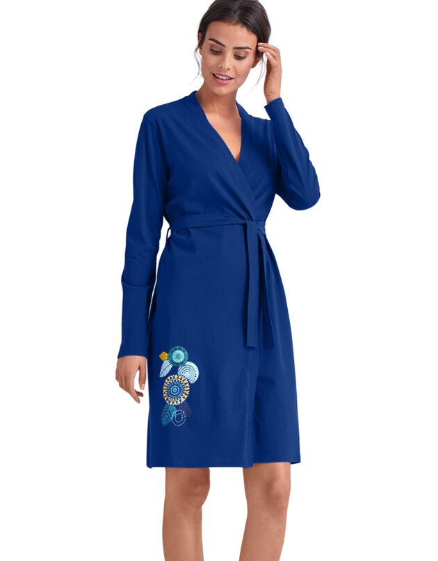 Peignoir manches longues coton motif "rosaces", bleu dur Peignoir manches longues coton motif "rosaces", bleu dur, hi-res