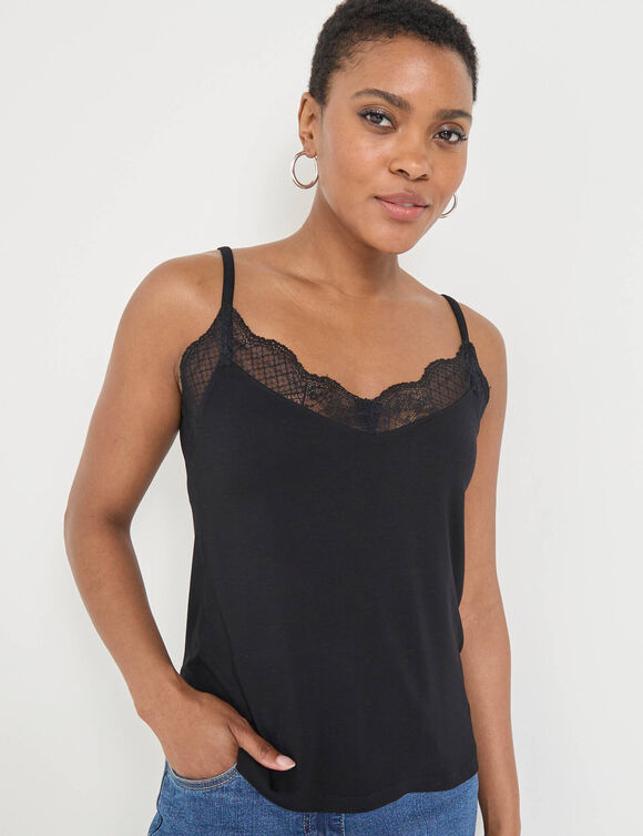 D&eacute;bardeur col V dentelle, bretelles r&eacute;glables (noir)